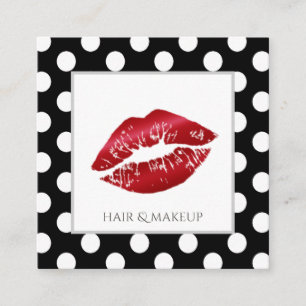 Adorable black white polka dots red lips square business card