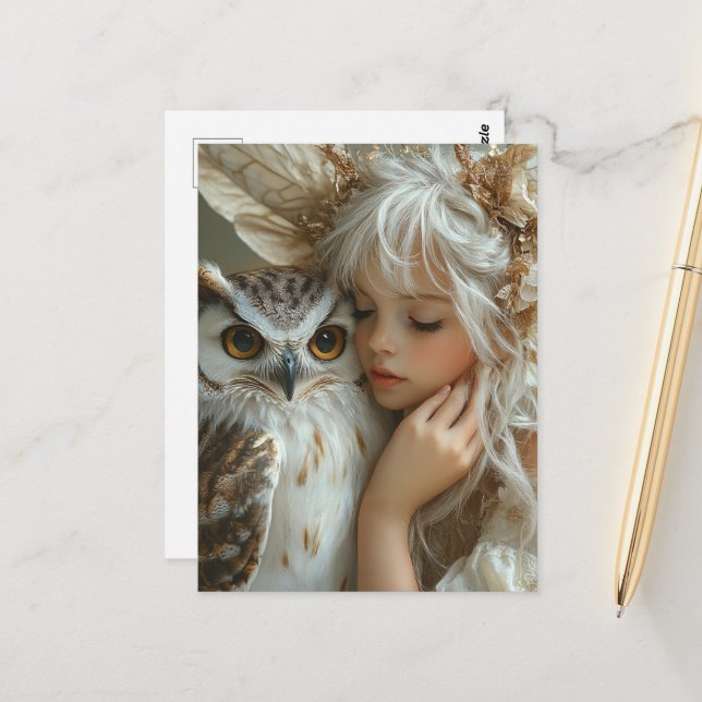 Adorable Blonde Fairy and Owl Postcard (Front/Back In Situ)