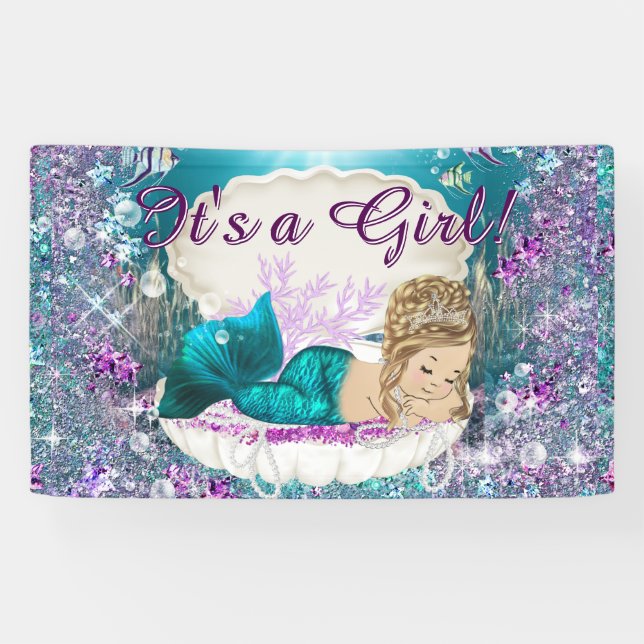 Adorable Blonde Mermaid Princess Baby Shower Banner (Horizontal)