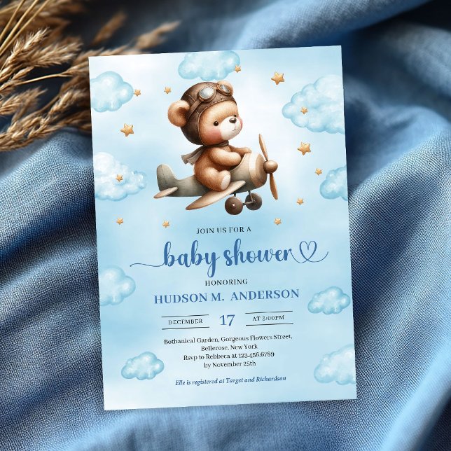 Adorable blue aviator teddy bear boy baby shower  invitation (teddy bear PILOT baby shower,
bear theme baby shower invitation,
baby boy blue brown gold,
watercolo)
