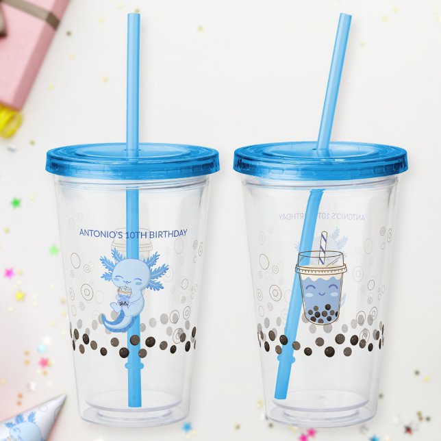 Adorable Blue Axolotl Boba Milk Tea Acrylic Tumbler (Creator Uploaded)