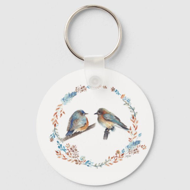 Adorable Blue Bird Couple Watercolor Art Key Ring (Front)