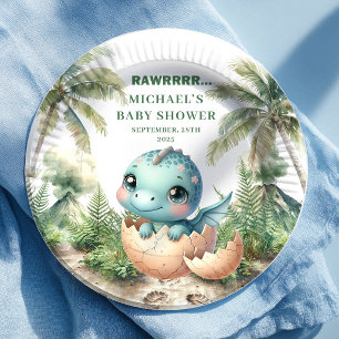 Adorable Blue Dino Baby Shower Hatching Soon Plate