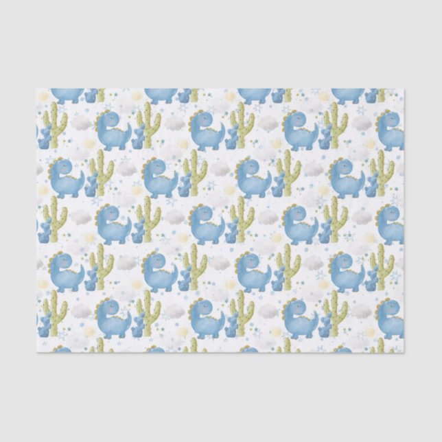 ADORABLE BLUE DINOSAURS & GREEN CACTUS TISSUE PAPER (Front)