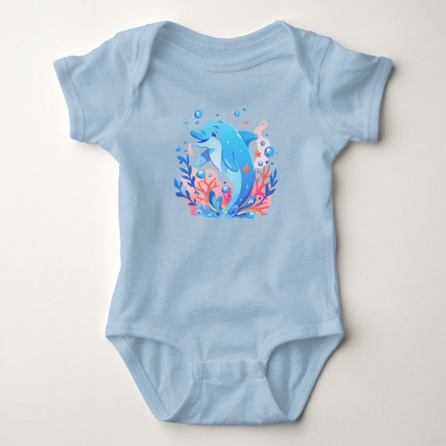 Adorable Blue Dolphin Baby Bodysuit (Front)