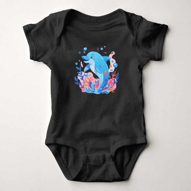 Adorable Blue Dolphin Baby Bodysuit (Front)