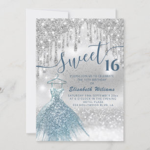Adorable blue dress silver glittery drips ombre in invitation