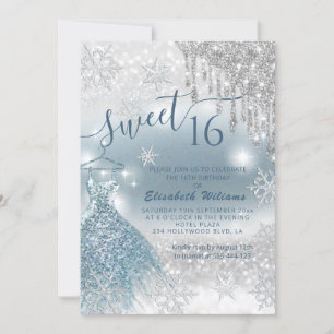Adorable blue dress silver glittery drips ombre invitation