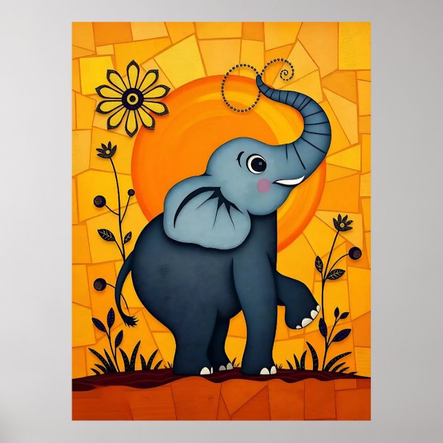 Adorable Blue Elephant with Floral Accents Poster (Front)