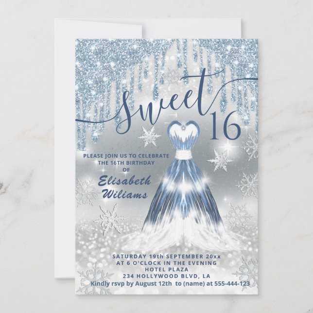 Adorable blue glowing dress silver glittery drips  invitation (Front)