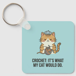 Adorable Blue Hat Crochet Cat Ginger Yarn Ball Art Key Ring