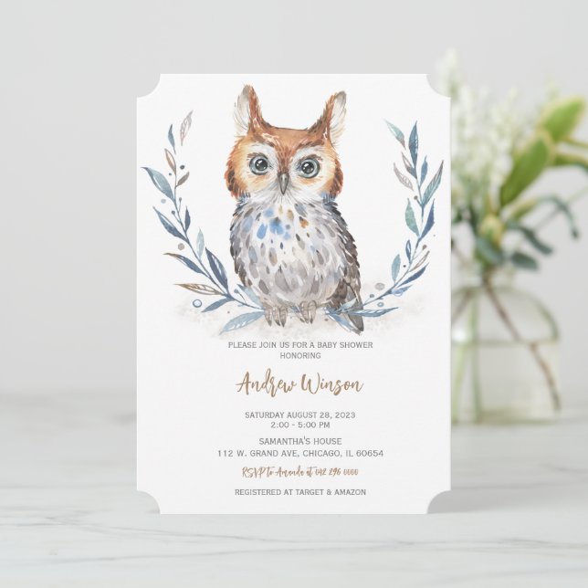 Adorable Blue Owl Baby Shower  Invitation (Standing Front)
