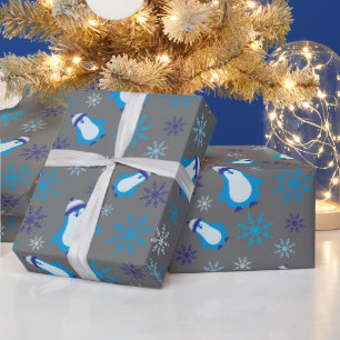 Adorable Blue Penguin and Snowflakes Grey Seamless Wrapping Paper