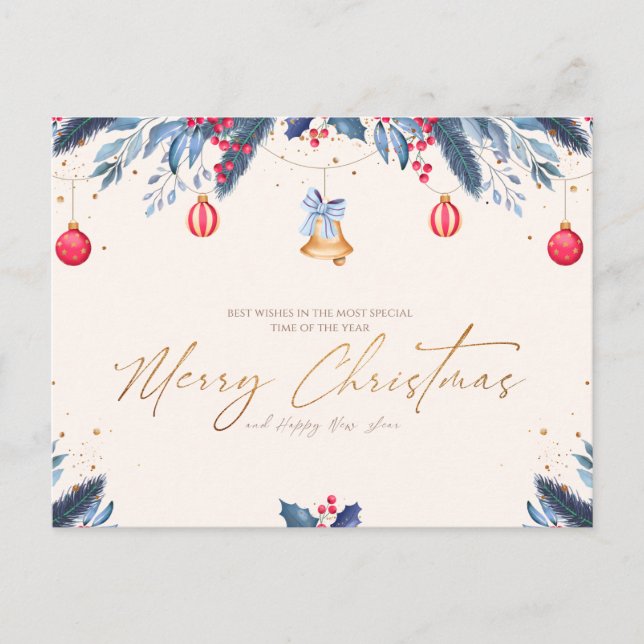 Adorable Blue Red Ornament Holiday Christmas Postcard (Front)