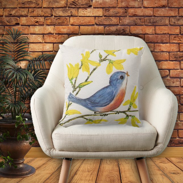 Adorable Blue Red Singing Bird Yellow Flowers Cushion (Cute blue red singing bird on branch with yellow flowers on textured look white home decor pillow.)