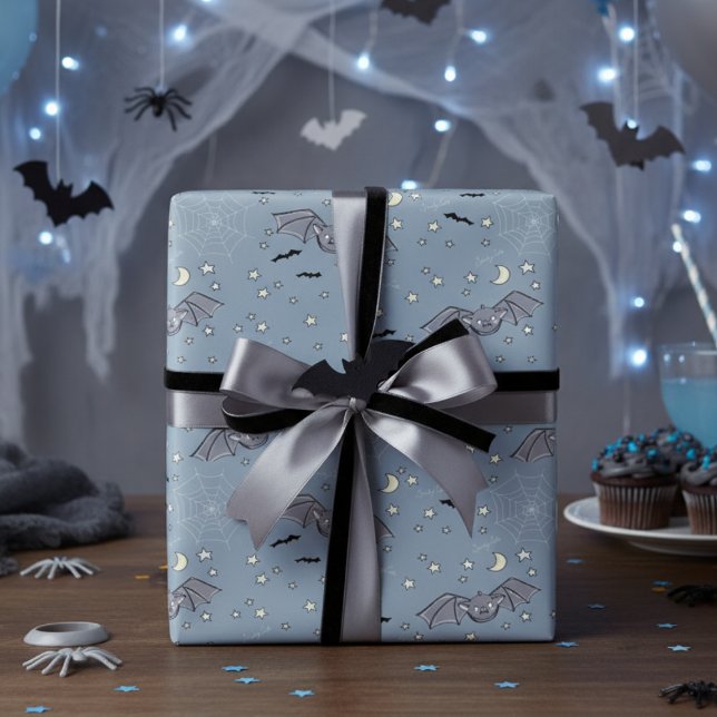 Adorable Blue Spooky Cute Bats Halloween Wrapping Paper (Spooky Blue Cute Bats Halloween Pattern for Kids Halloween Party Wrapping Paper. Stars, Moon & Webs)