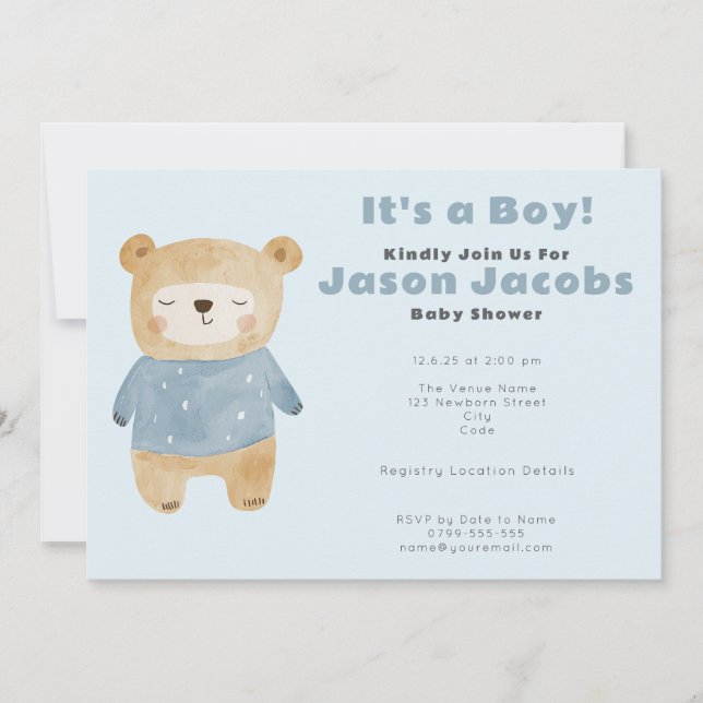 Adorable blue teddy Bear Baby Shower "it's a boy" Invitation (Front)