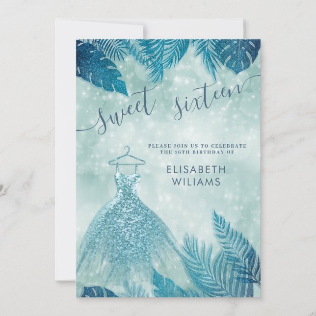 Adorable blue tropical leaves bokeh sweet 16  invi invitation (Front)