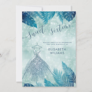 Adorable blue tropical leaves bokeh sweet 16 invitation