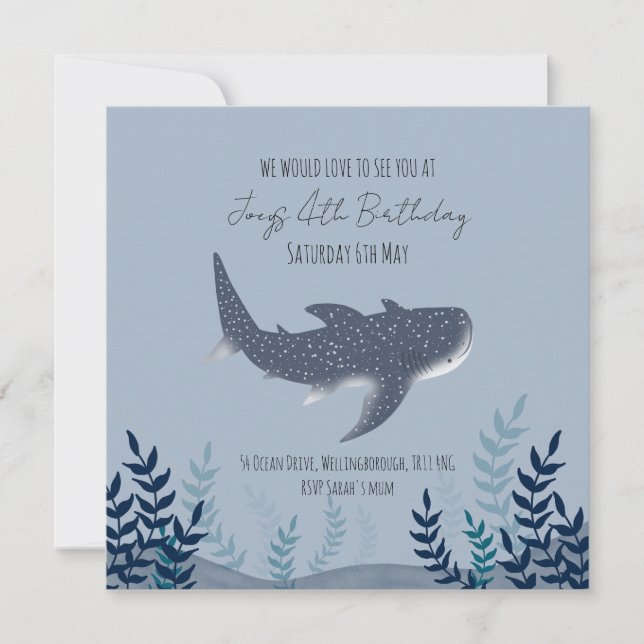 Adorable Blue Under the Sea Whale Shark Name Invitation (Front)