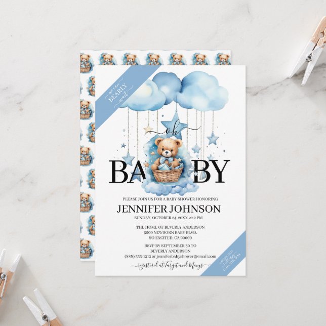 Adorable Blue Watercolor Teddy Bear Baby Shower Invitation (Front/Back In Situ)
