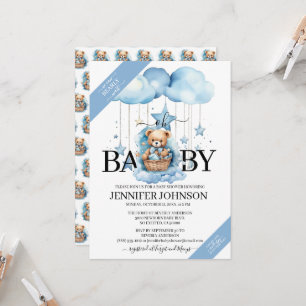 Adorable Blue Watercolor Teddy Bear Baby Shower Invitation