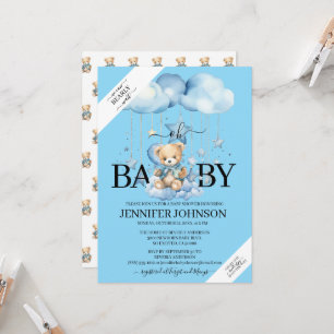 Adorable Blue Watercolor Teddy Bear Baby Shower Invitation