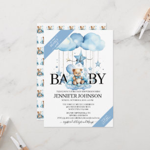 Adorable Blue Watercolor Teddy Bear Baby Shower Invitation