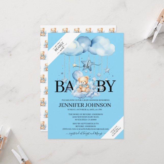 Adorable Blue Watercolor Teddy Bear Baby Shower Invitation (Front/Back In Situ)