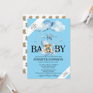 Adorable Blue Watercolor Teddy Bear Baby Shower Invitation