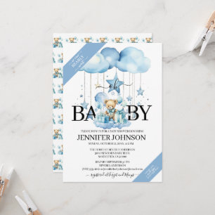 Adorable Blue Watercolor Teddy Bear Baby Shower Invitation