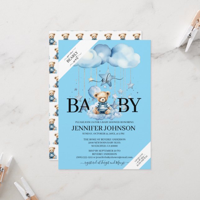 Adorable Blue Watercolor Teddy Bear Baby Shower Invitation (Front/Back In Situ)