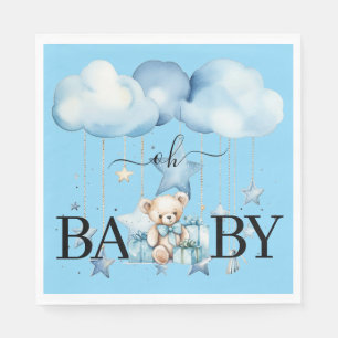 Adorable Blue Watercolor Teddy Bear Baby Shower Napkin