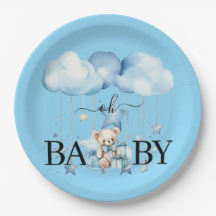 Adorable Blue Watercolor Teddy Bear Baby Shower Paper Plate