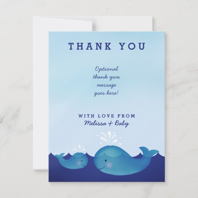 Adorable Blue Whale Nautical Baby Shower Thank You Card (Front)