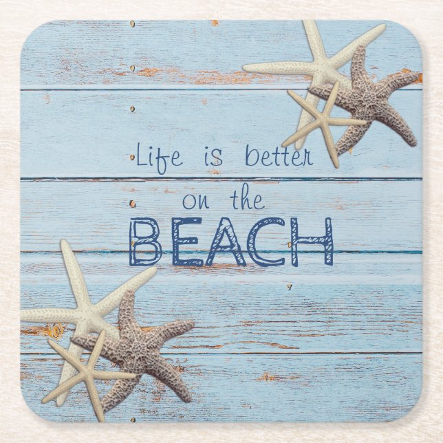 Adorable Blue Wood Texture,Starfish  Square Paper Coaster (Front)