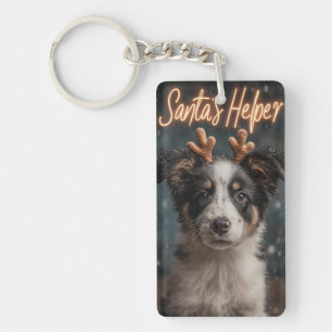 Adorable Border Collie Puppy as Santa's Helper Key Ring