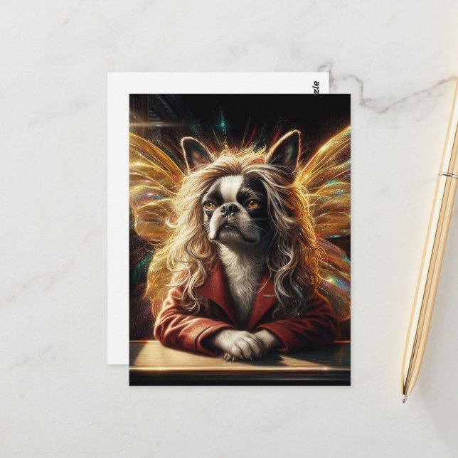 Adorable Boston Terrier Fairy in a Red Jacket Postcard (Front/Back In Situ)