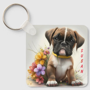 Adorable Boxer Puppy Dog Key Ring
