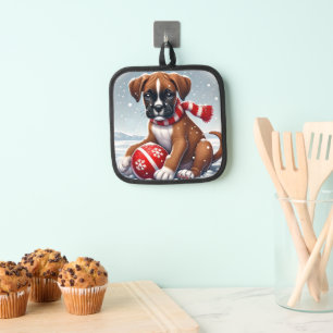Adorable Boxer Puppy in Snowy Scenery Pot Holder