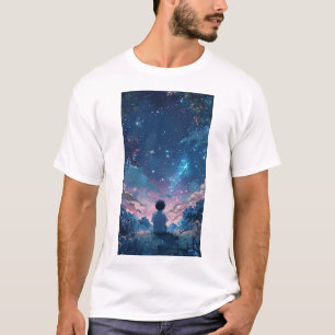 Adorable Boy Under the Night Sky Cartoon Illustrat T-Shirt