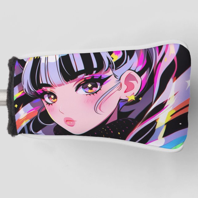 Adorable Bright Colourful Neon Zebra Anime Girl Golf Head Cover (Front)