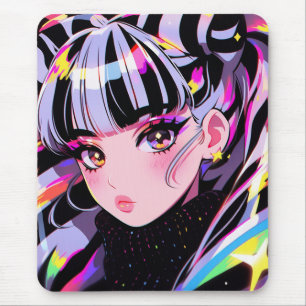 Adorable Bright Colourful Neon Zebra Anime Girl Mouse Mat