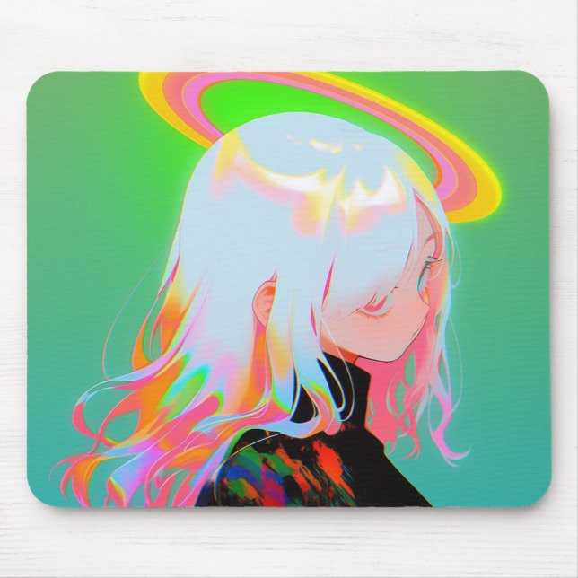 Adorable Bright Neon Halo Anime Girl Mouse Mat (Front)
