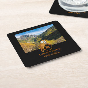 Adorable British Owl Nesting Monogram Egg Photo Square Paper Coaster