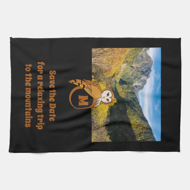 Adorable British Owl Nesting on Monogram Egg Photo Tea Towel (Horizontal)