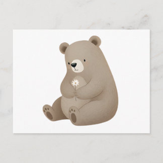 Adorable Brown Bear with Daisy – Illustration Postcard