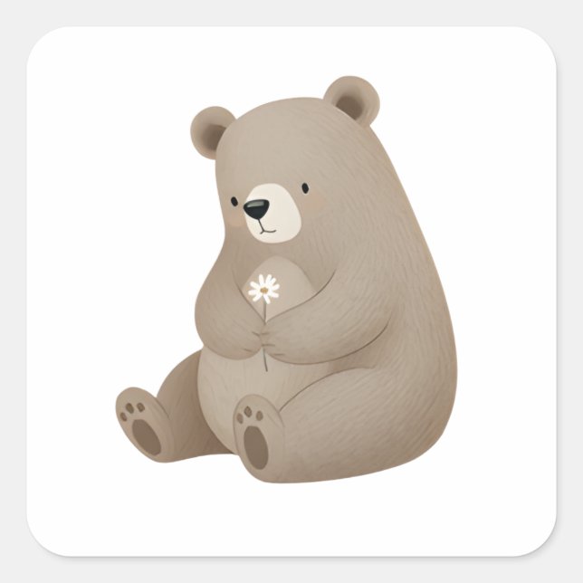 Adorable Brown Bear with Daisy – Illustration Square Sticker (Front)