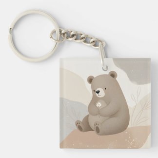 Adorable Brown Bear with Daisy - Watercolor Key Ring