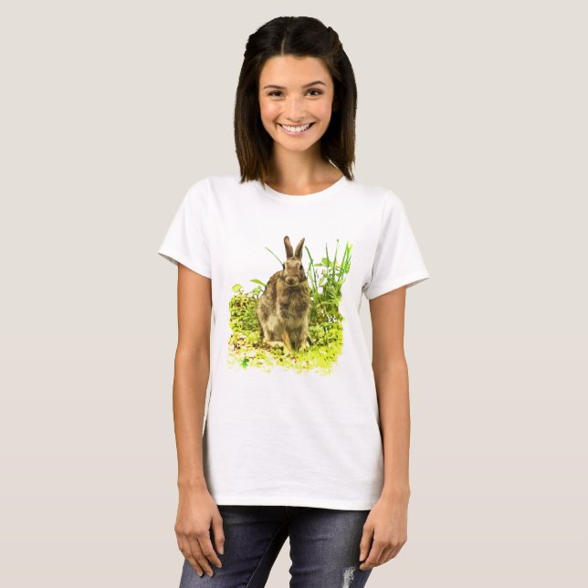 Adorable Brown Bunny Rabbit in Green Grass Shirt (Front Full)